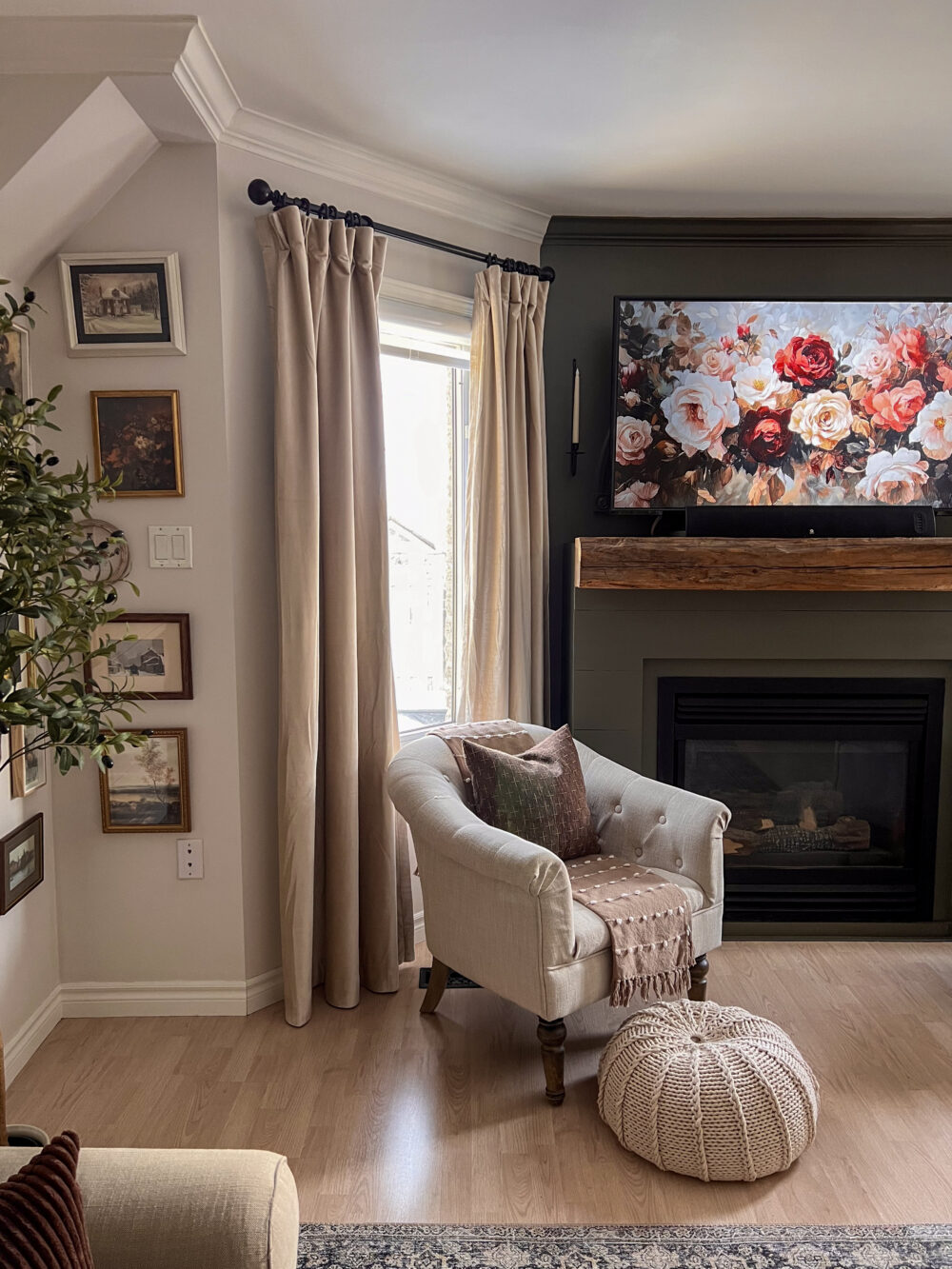 HML Velvet Curtains - tall room shot, left of fp, no fire, floral tv art