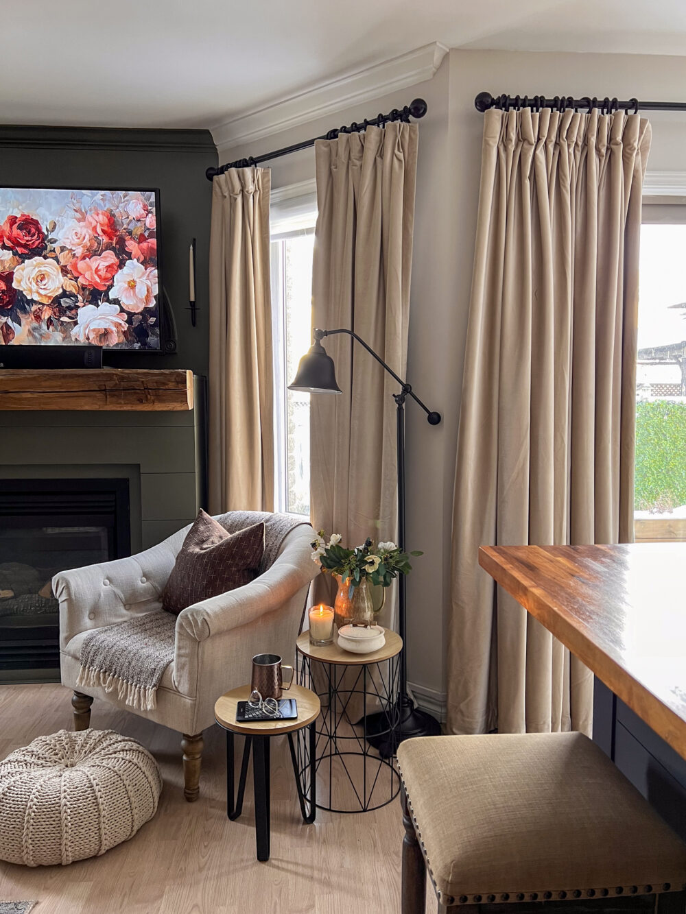 HML Velvet Curtains - tall shot right of fp, no fire, floral tv art