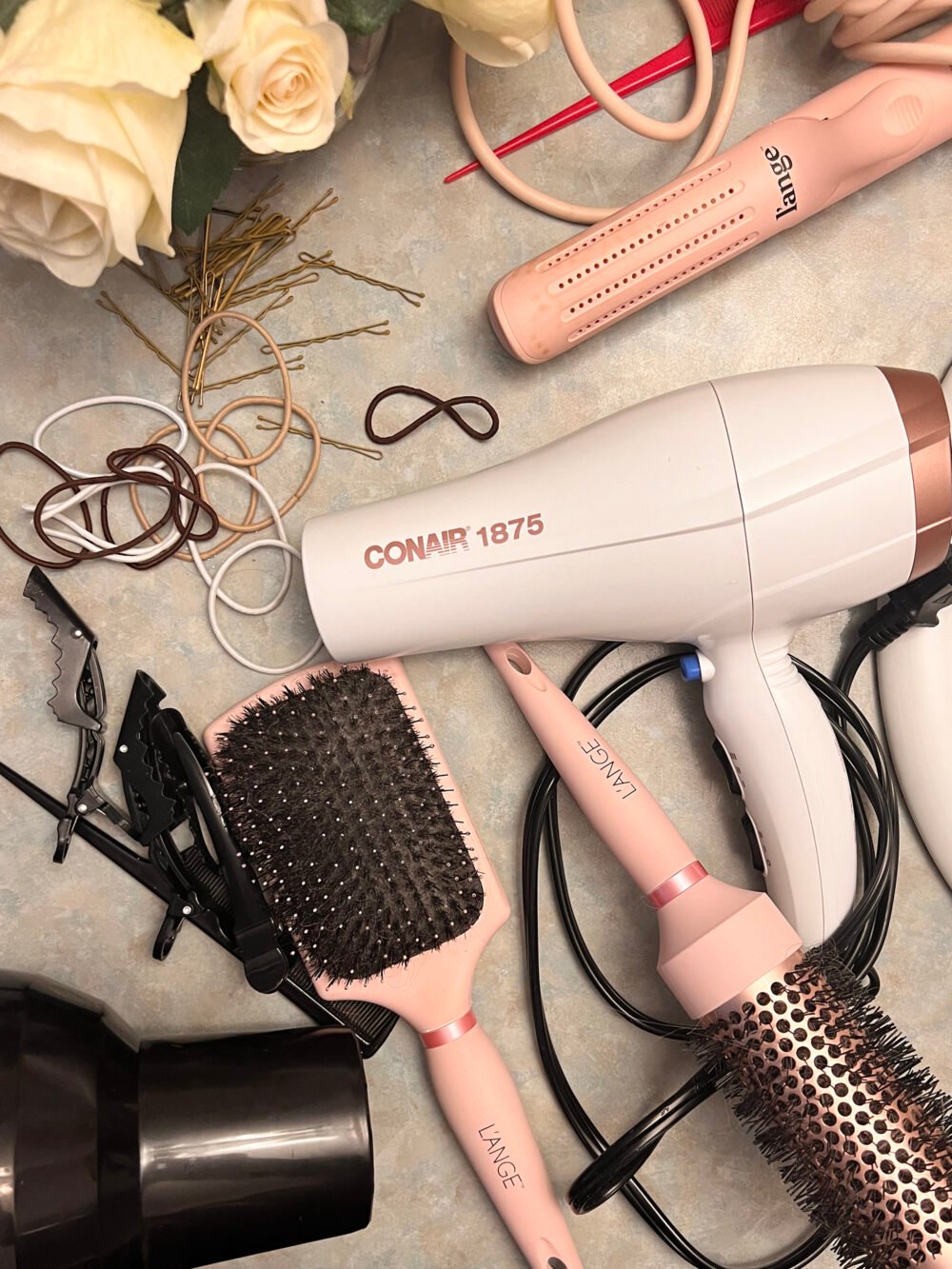 my hair tools on the bathroom counter to illustrate how to declutter and organize hair tools