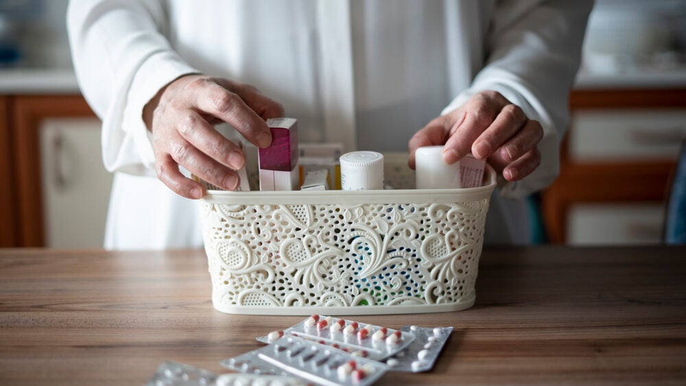 medecines in a white plastic basket to illustrate how to organize your medicine cabinet