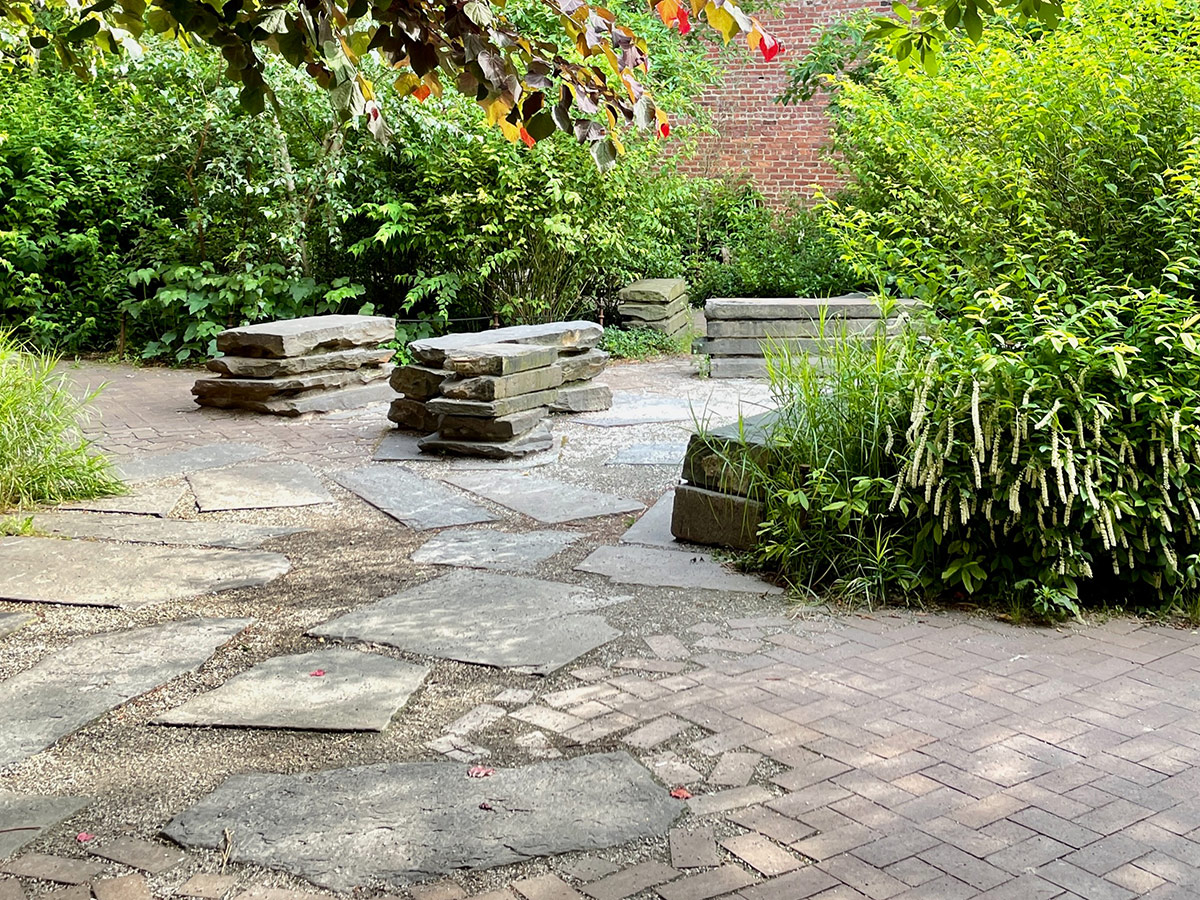 creative stone patio with unconventional pattern
