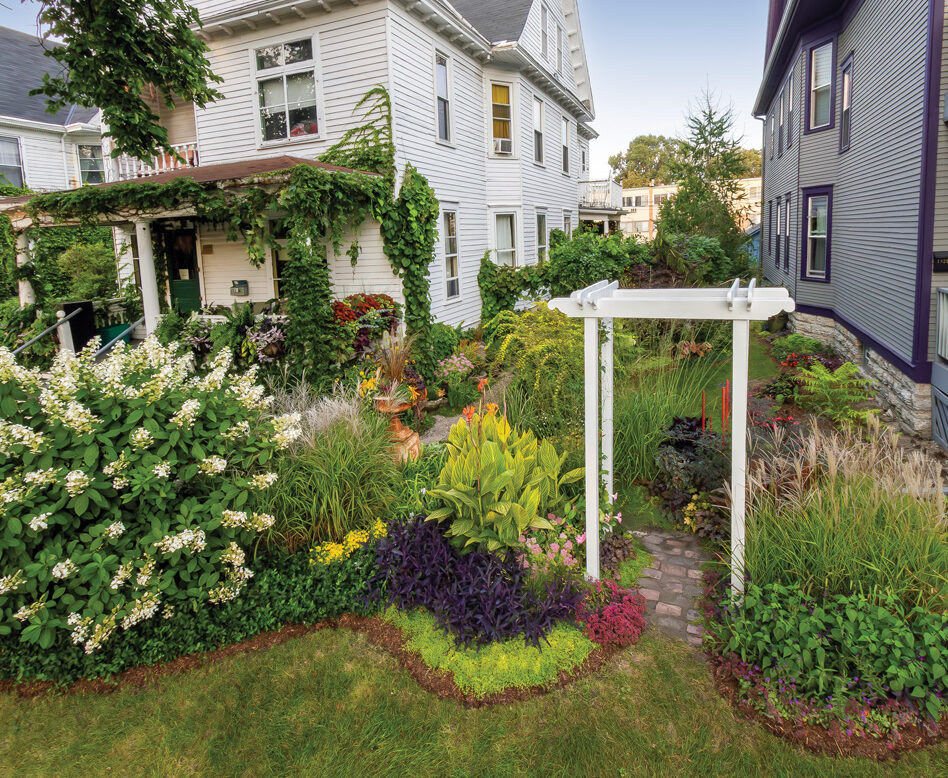 Garden entrance with arbor and full border planting