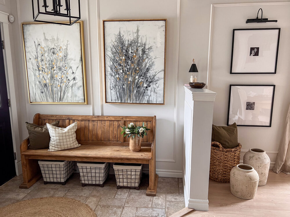 entry with bench and two oversize art prints